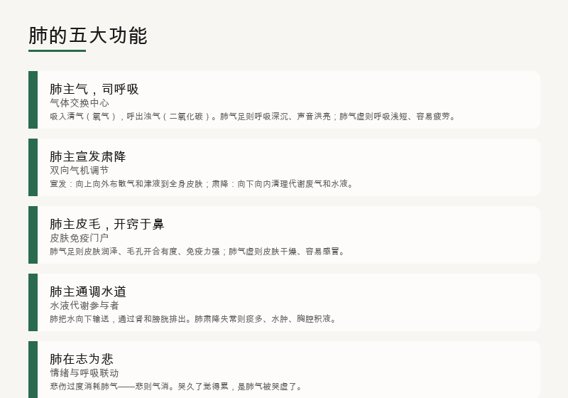 肺的五大功能：主气、宣发肃降、主皮毛、通调水道、在志为悲
