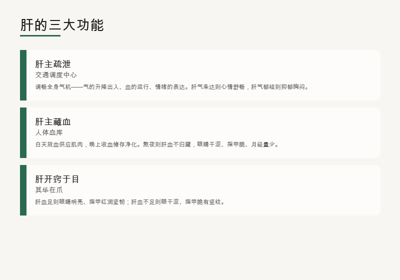 肝的三大功能：主疏泄、主藏血、开窍于目