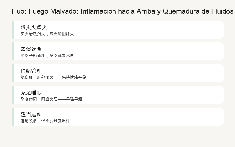 Métodos para gestionar el fuego: identificar exceso vs. deficiencia, dieta ligera, sueño, gestión del estrés, cuidado local