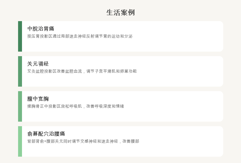 生活案例：中脘治胃痛、关元调经、膻中宽胸、俞募配穴治腰痛
