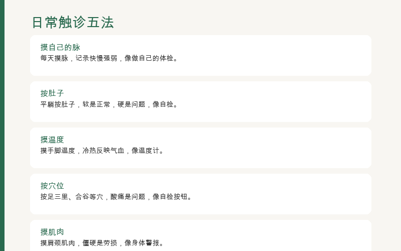 切诊实践：自己摸脉搏、注意质感、腹部触诊、记录HRV、了解脉象含义