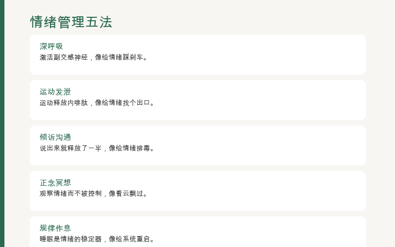 调节七情五法：深呼吸、运动、正念冥想、社交支持、规律作息