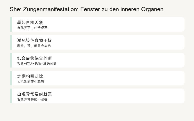 Zungendiagnose-Praxis: Tägliche Zungenbeobachtung, Zonenveränderungen, Störfaktoren ausschließen, Belagsqualität, Kombination mit anderen Symptomen