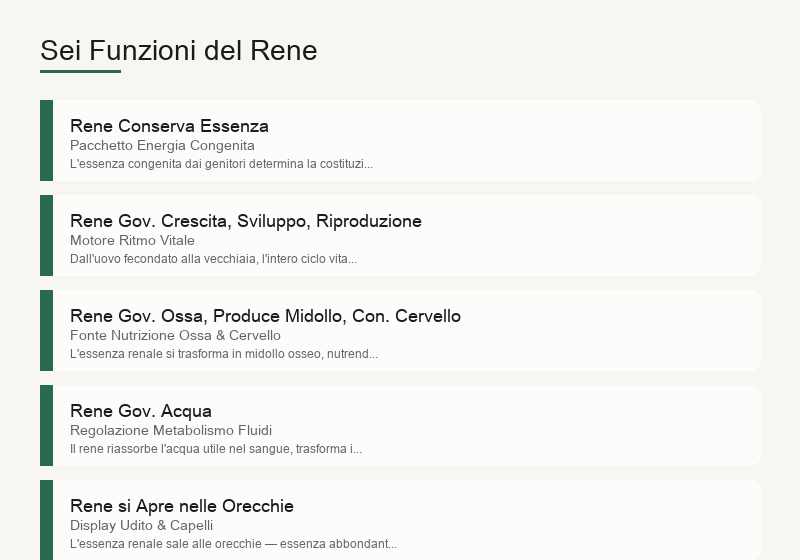 Le sei funzioni del rene: accumula essenza, governa crescita, governa ossa e midollo, governa acqua, si apre alle orecchie, fondamento dell'innato