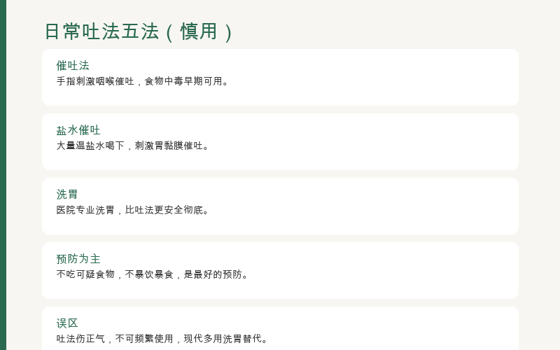 吐法五法：食物中毒就医、宿食自然调节、痰涎体位引流、理解逻辑不滥用、养胃预防