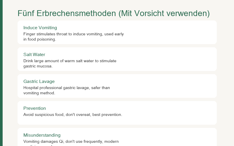 Fünf emetische Methoden: Ärztliche Versorgung bei Lebensmittelvergiftung, Natürliche Regulierung bei zurückgehaltener Nahrungsstagnation, Posturale Drainage bei Schleim, Logik verstehen und nicht missbrauchen, Magen nähren zur Vorbeugung