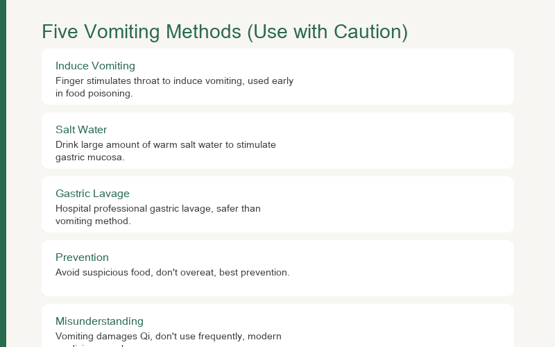 Five Emetic Methods: Food Poisoning Medical Care, Retained Food Natural Regulation, Phlegm Postural Drainage, Understand Logic and Do Not Abuse, Nourish Stomach to Prevent