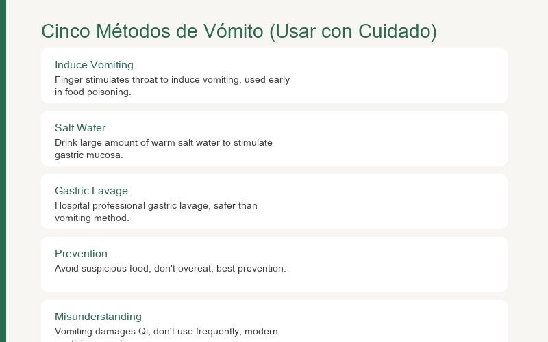 Cinco Métodos Eméticos: Atención Médica para Intoxicación Alimentaria, Regulación Natural para Estancamiento del Alimento, Drenaje Postural para Flema, Entender la Lógica y No Abusar, Alimentar el Estómago para Prevenir