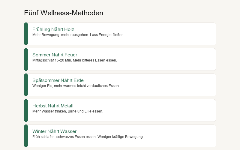 Fünf Methoden für das Wohlbefinden der Fünf Elemente