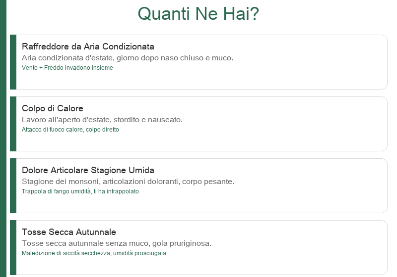 Casi Reali: Raffreddore dall'aria condizionata, colpo di calore, dolore articolare in stagione delle piogge, tosse secca autunnale, brufoli dopo l'hot pot