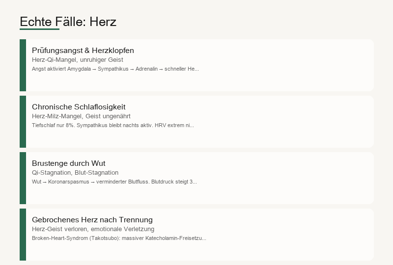 Alltagsbeispiele: Prüfungsangst, Schlaflosigkeit, Wut-Brustbedrückung, Broken-Heart-Syndrom