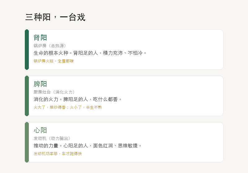 三种阳：肾阳、脾阳、心阳