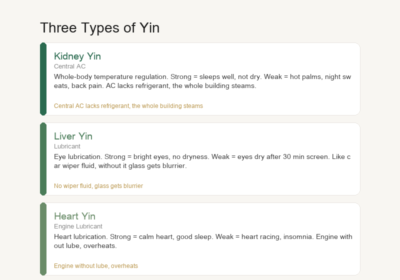 Three Types of Yin: Kidney Yin, Liver Yin, Heart Yin