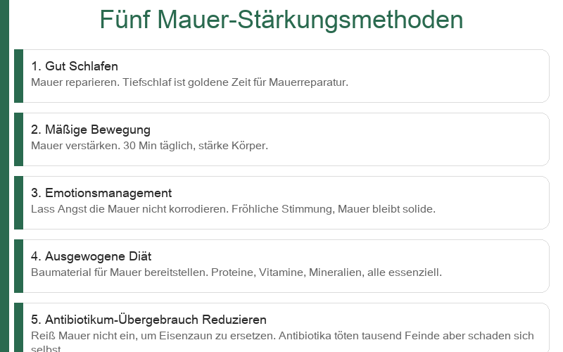 Fünf Wege, die Mauer zu verstärken: Schlafen, Sport, Emotionen, Ernährung, Antibiotika weise einsetzen